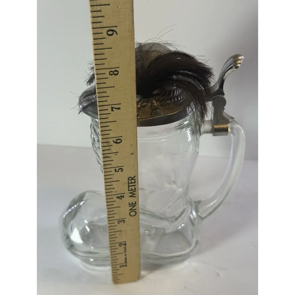 Vintage BMF German Glass Beer Boot Stein Pewter Alpine Hat Lid Hair Plume 8.5